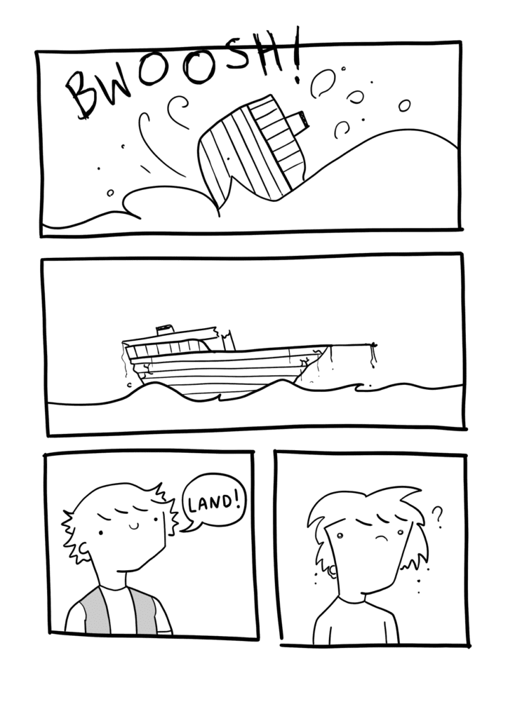 Four panels. The ship crashes back into the ocean, settles on the surface completely wrecked, Captain B smiles at the sight of land, Alex is wet and confused.