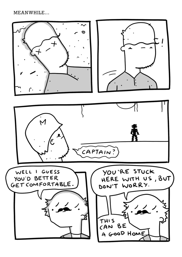 Five panels. Fouchy wakes up on the beach, sits up, sees a shadow that looks like the Captain, but it's Evil Captain.